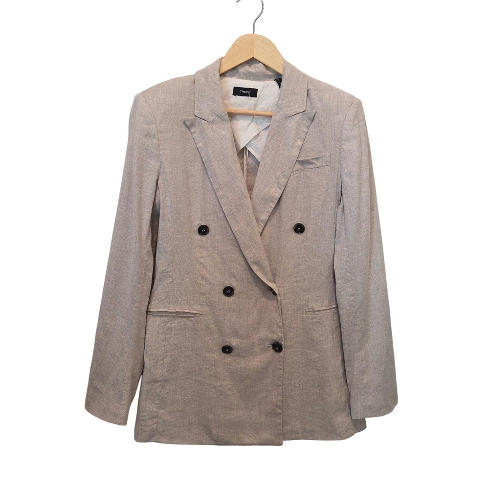 Theory Blazer Linen Double Breasted Tailored Beige Minimalist Career Size 10